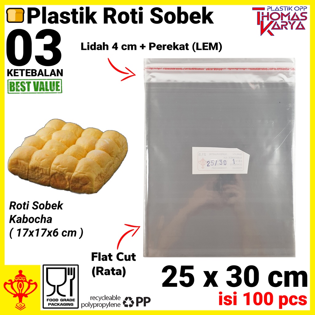 Plastik Roti Tawar 25x30 isi 100 OPP Seal Lem Perekat Kemasan Roti Sobek
