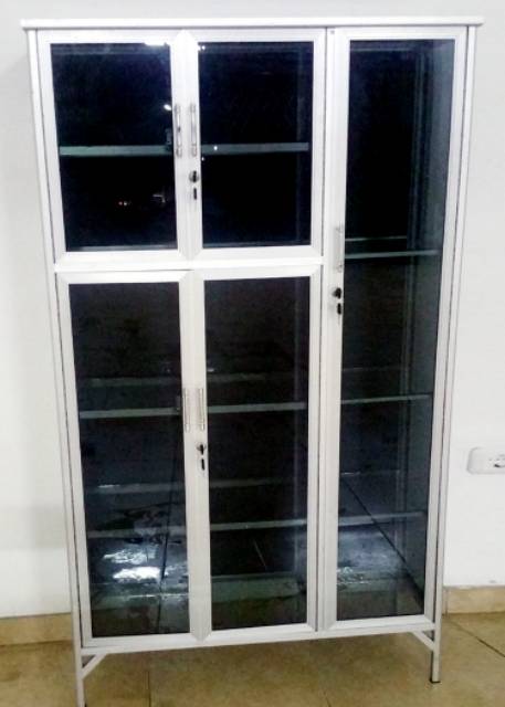 Lemari Serbaguna Aluminium 3 Pintu Frame Putih Kaca Riben