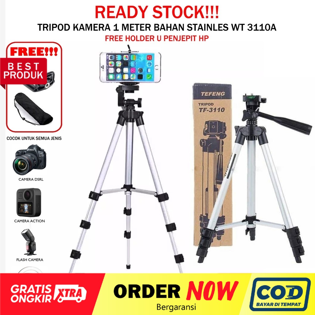 Tripod 3110a 1 meter remote bluetooth free holder u penjepit hp bahan stainless WT 3110A stand camera hp DSLR &amp; paket mic + splitter - dinno.id