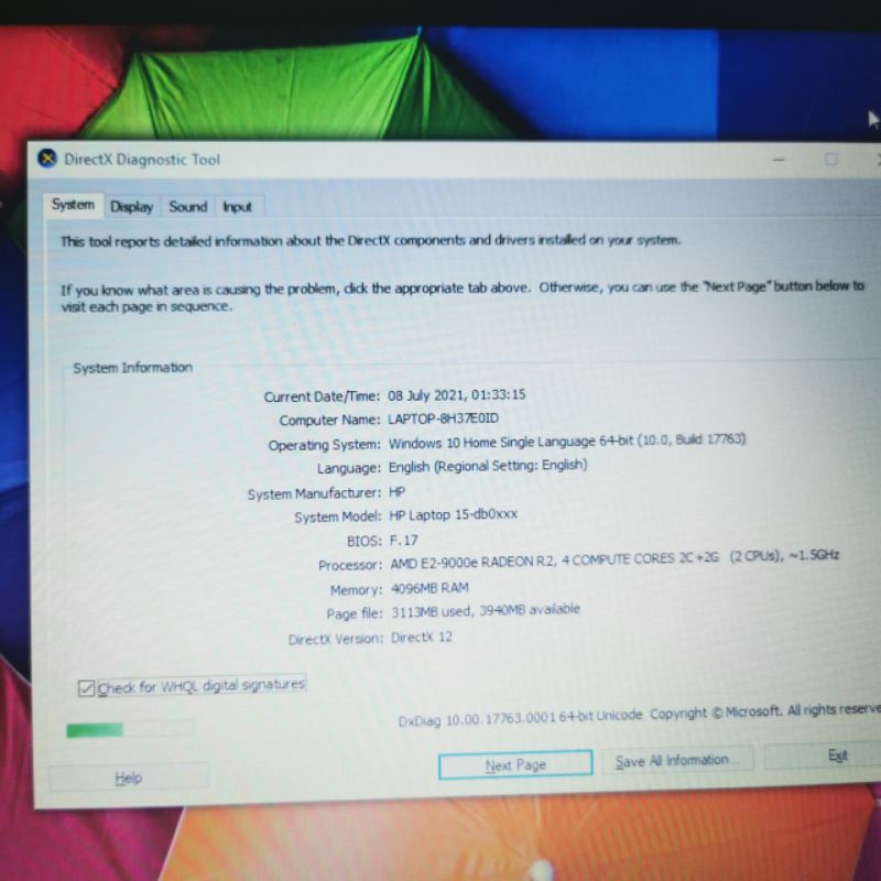 Laptop  HP 15-bd0005AU 15 inc Amd E2-9000e Gen 7 Amd Radeon R2 graphic Ram 4GB HDD 500GB Windows 10