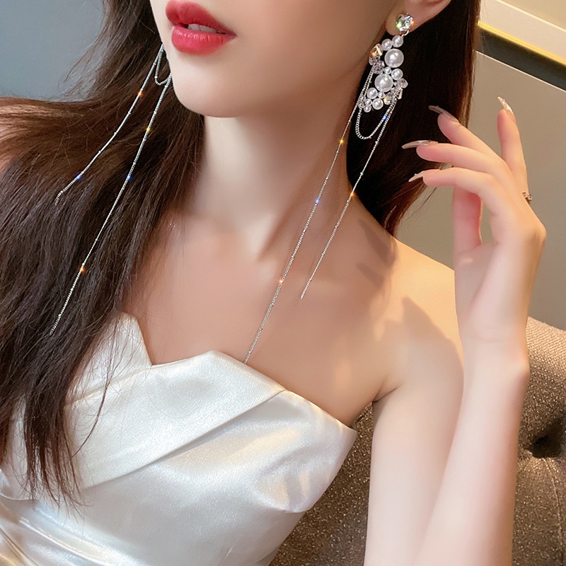 Anting s925 silver needle Hias Mutiara Kristal Rumbai Untuk Pesta