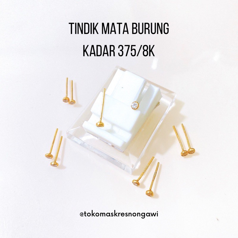 Giwang tindik Emas mata burung sepasang 0.14gr (panjang1.2cm) kadar 375/8k (pantat silikon)