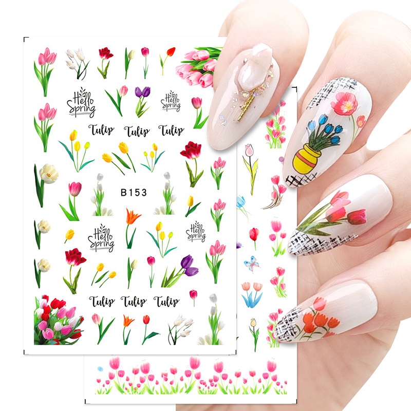 1 Lembar Stiker Kuku 3D Desain Bunga Tulip Warna-Warni Untuk Dekorasi Nail Art