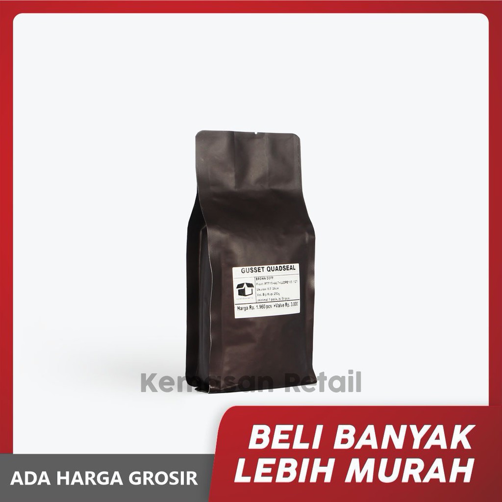 

Kemasan Gusset Quadseal Aluminium Coklat Doff 9.5x26 500g