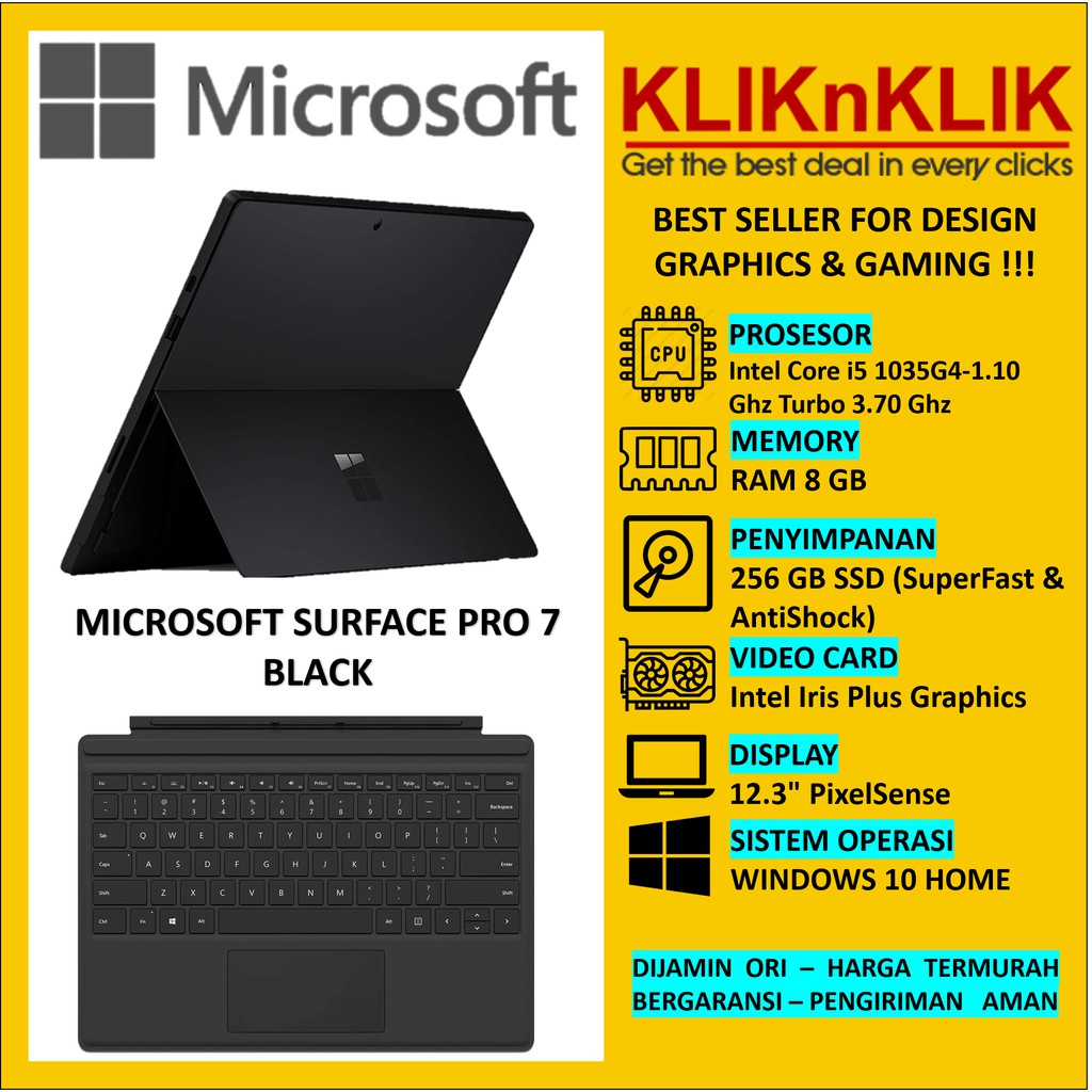 MICROSOFT SURFACE PRO 7-Intel Core i5- RAM 8 GB STORAGE 256 GB WIN10 BLACK & TYPE COVER