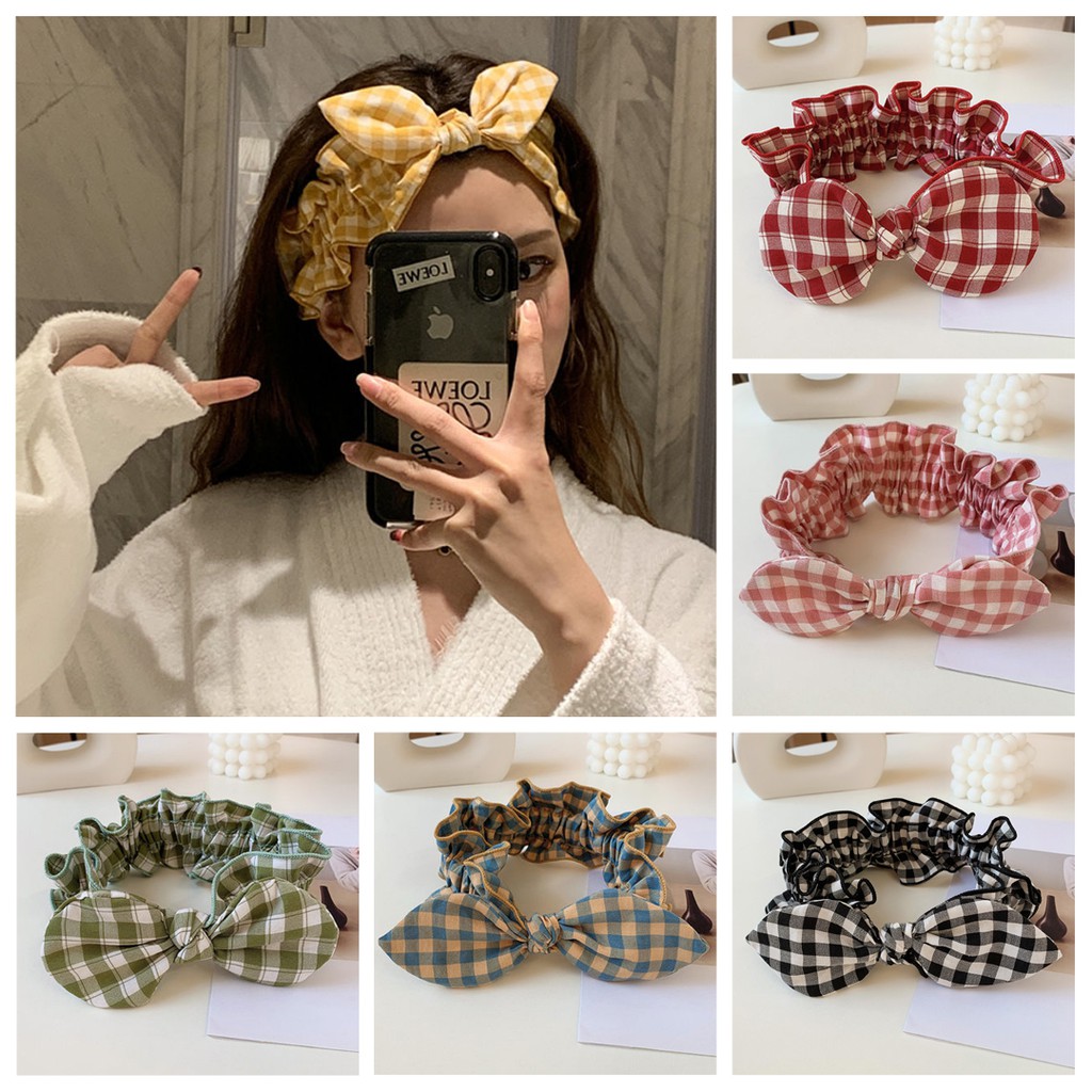 Bando Karet Pita Motif Kotak-Kotak Aksesoris Rambut Wanita Daily Korean Style Import