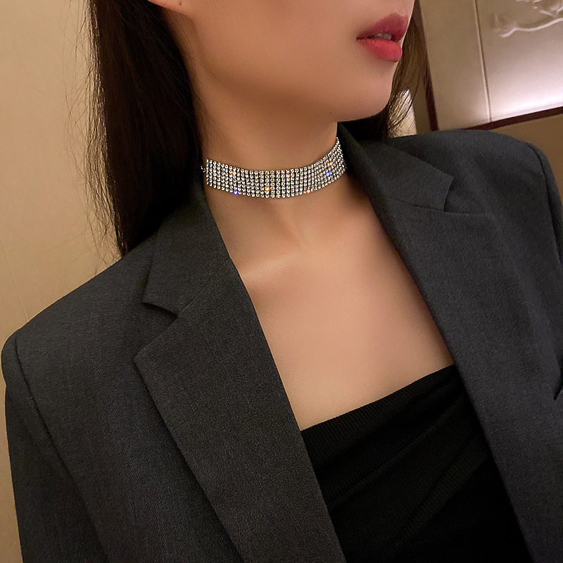 Kalung Pengantin Pesta Pernikahan Berkedip Aksesoris Perhiasan Penuh Kristal Berlian Imitasi Perak Punk Fashion Rantai Sexy Choker