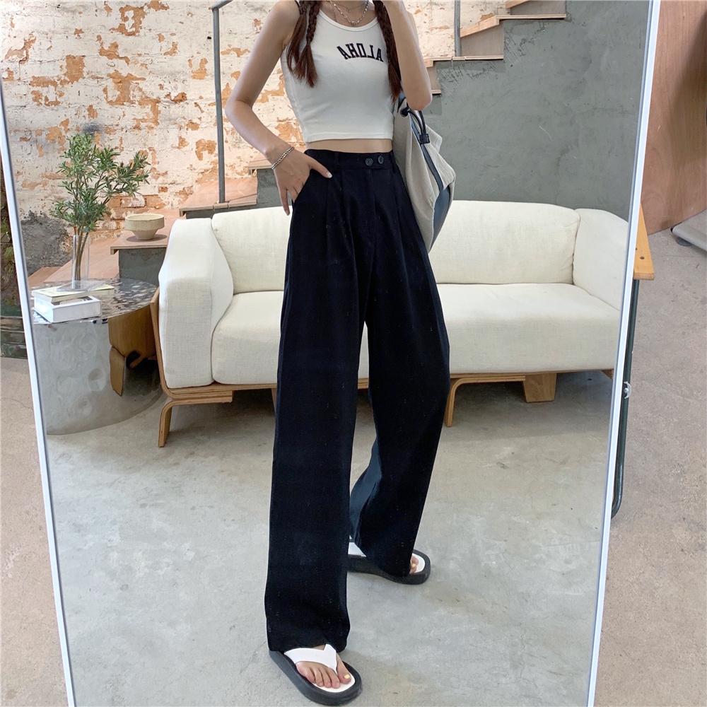 Celana Panjang Kasual Khaki Wanita Loose Minimalis Basic Color High Waist Straight Pants