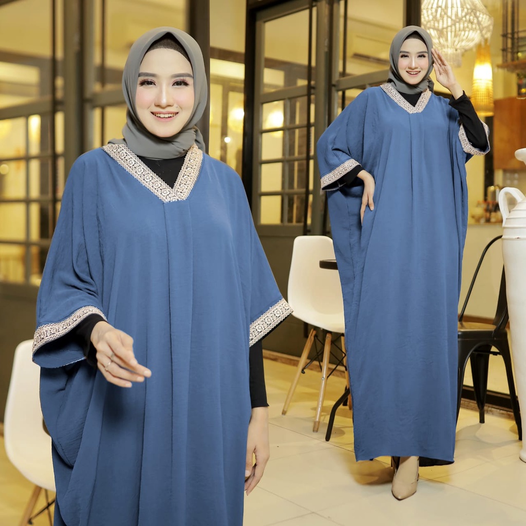 HOPYLOVY - Kaftan Wanita Muslim Bahan Crinkle Aplikasi Brenda Coklat Ishana