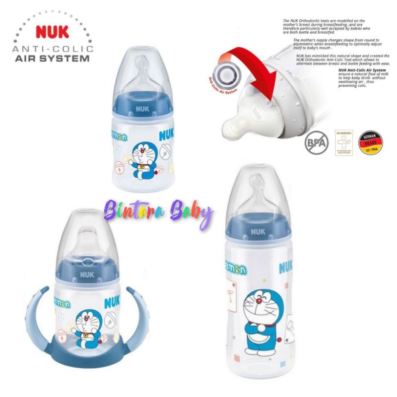 Made In Germany - NUK Botol Susu Wide Neck Anti Colic Air System / Botol Susu dengan Handle NUK Doraemon Learner Training Spout Sippy