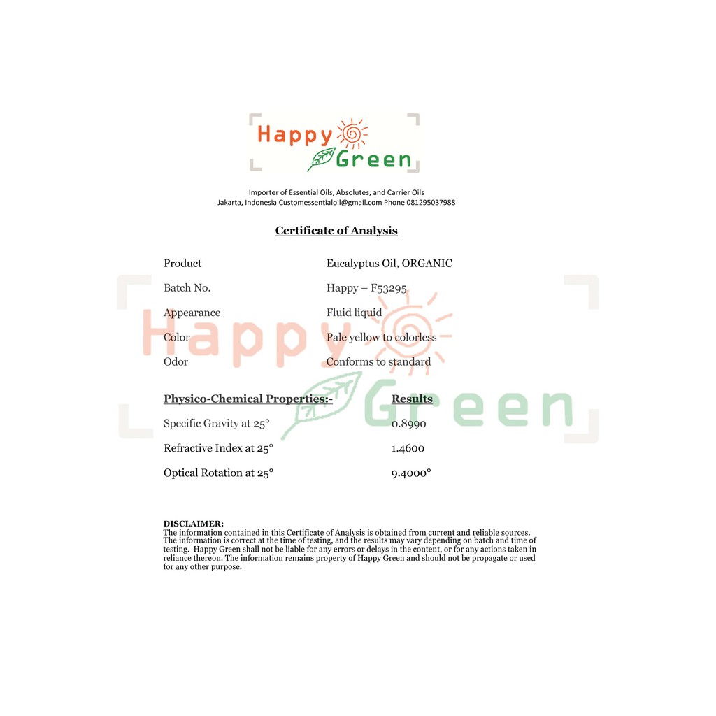 Happy Green ORGANIC Eucalyptus Globulus Essential Oil -Murni Tanpa Campuran