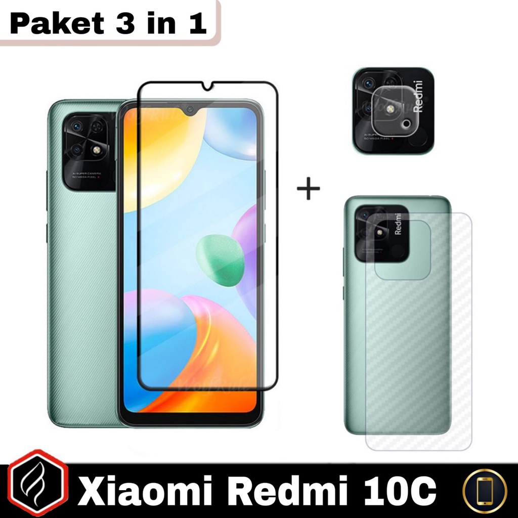 Paket 3 in 1 Xiaomi Redmi 10C / Redmi 10A Anti Gores Layar Kaca Full Cover Free Tempered Glass Camera &amp; Garskin Carbon | Anti Gores Layar Kaca Anti SPY For REDMI 10C