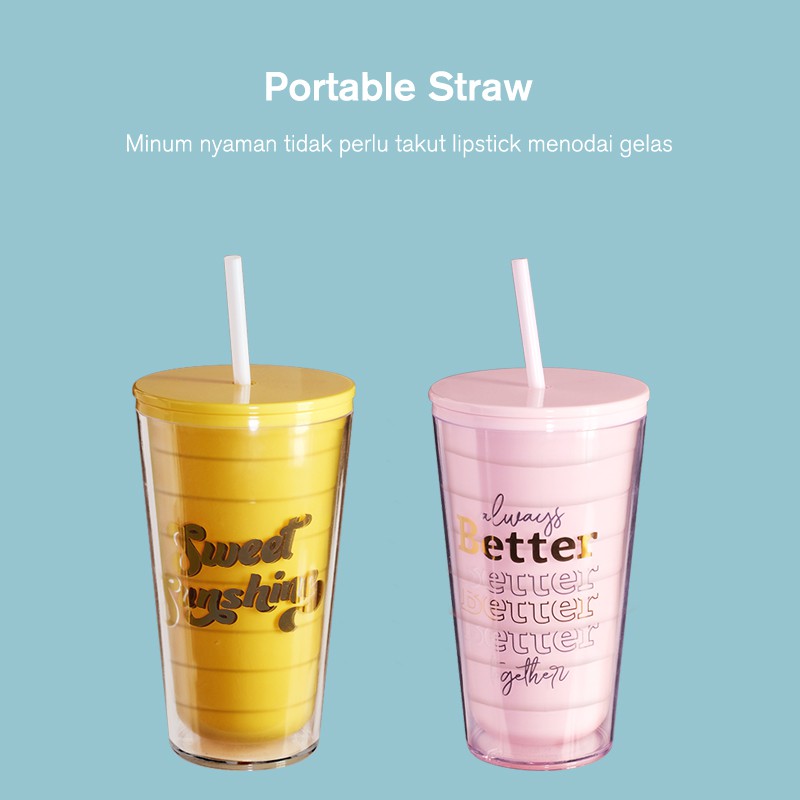 Kuning Botol Minum Tumbler 2 Lapis Wall dengan Sedotan 600ml BPA Free Anti Pecah SAMONO SC002 ORI