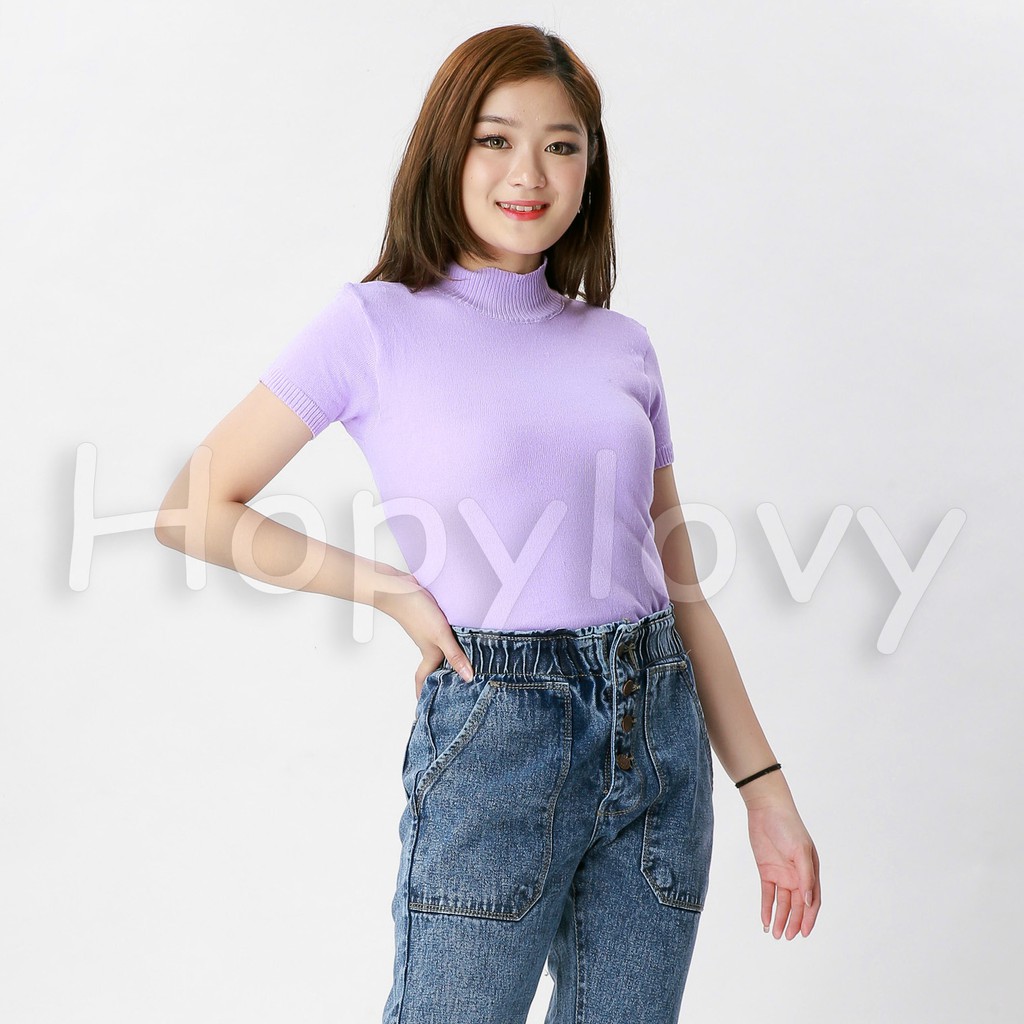 HOPYLOVY - Atasan Rajut Wanita Turtleneck / Kerah Tinggi Lengan Pendek Nadira