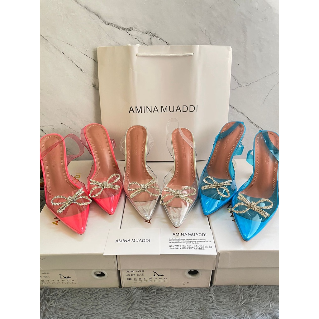 SANDAL HEELS WANITA IMPORT / AMINA MUADDI 02 RIBBON HEELS TRANSPARAN
