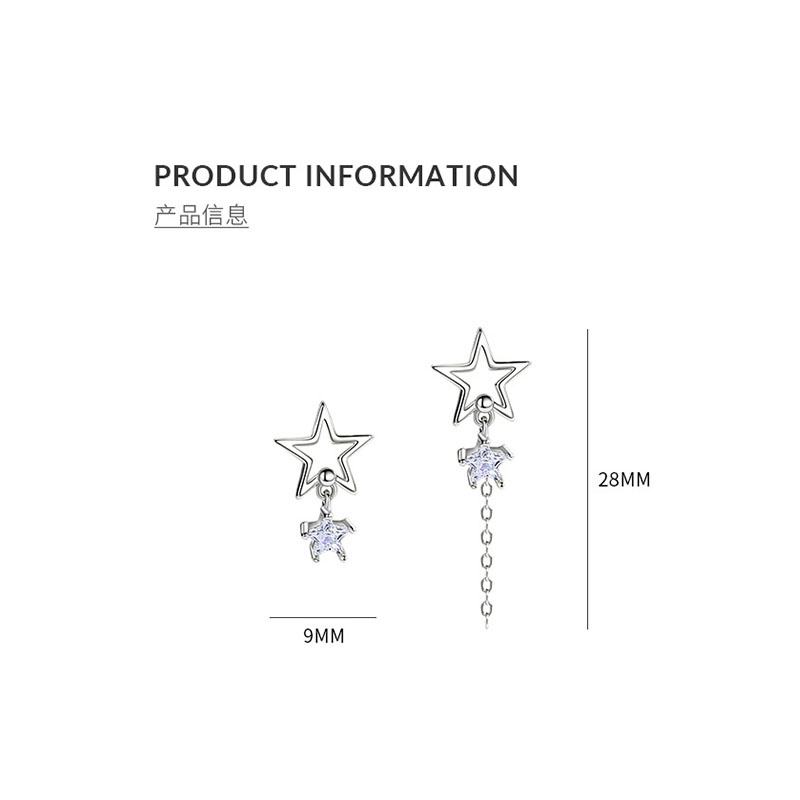 S925 Silver Five-pointed Star Cross Tassel Zircon Hollow Solid AB Asymmetrical Ear Stud Earrings Hip Hop Punk Jewelry Gift