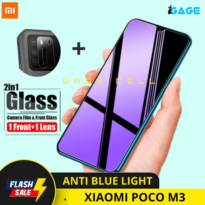 2IN1 TEMPERED GLASS ANTI BLUE LIGHT XIAOMI POCO M3 TG ANTI GORES LAYAR KAMERA POCO M3 FULL SCREEN