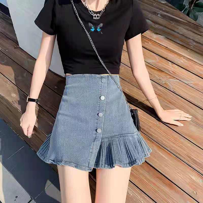 Rok denim Rok pelangsing pinggang ultra-tinggi rok dalam seperti celana rok lipit a-line wanita