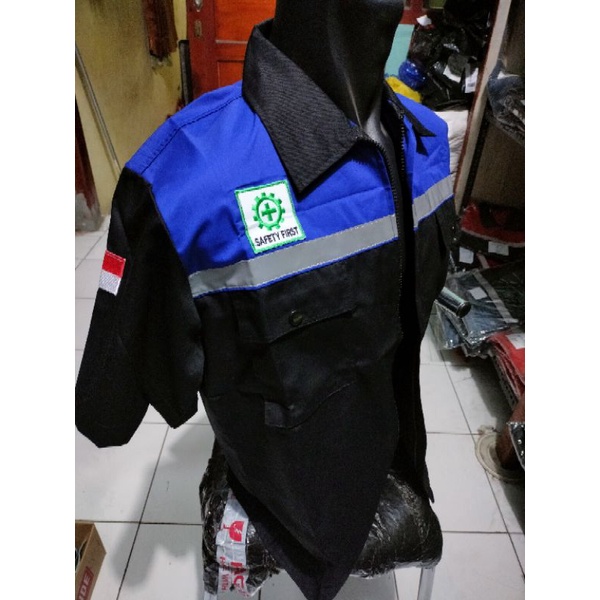 SERAGAM SAFETY RESLETING BIRU HITAM LENGAN PENDEK FREE LOGO K3 BENDERA