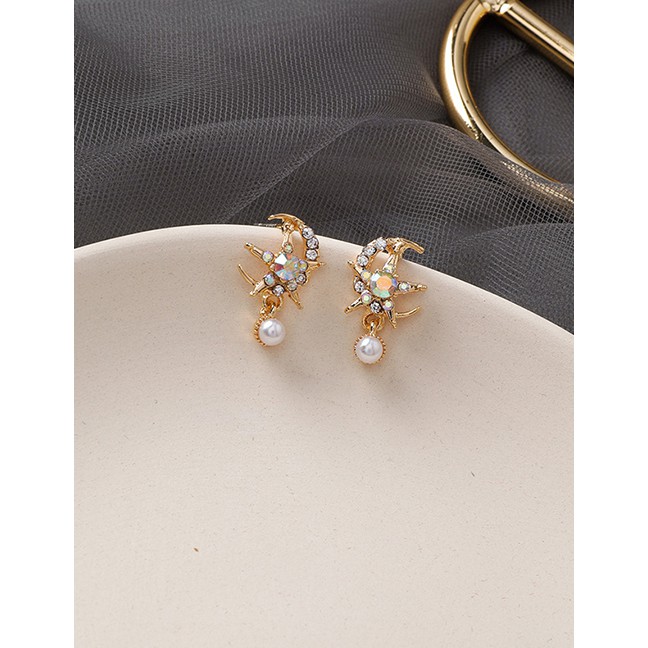 LRC Anting Tusuk Fashion Gold 925 Silver Needle Rhinestone Star Moon Stud Earrings D24604