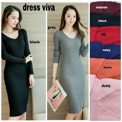 Pakaian Dress Viva Varian Warna RO Dress Wanita Rajut Navy Bata AbuAbu Merah Hitam Maroon Dusty Fash