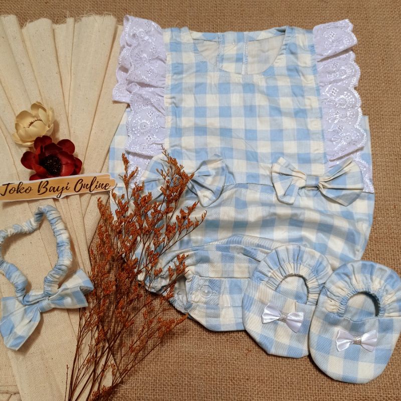 Baju jumper 0 6 bulan bando lucu bestseller anak bayi cewek perempuan murah-Kotak biru