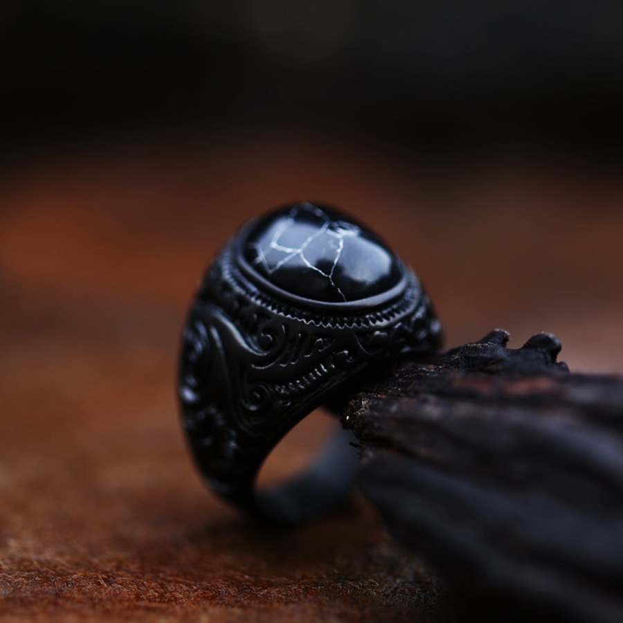 Cincin Bahan Titanium Steel Warna Hitam Turquoise Gaya Vintage Punk Untuk Pria