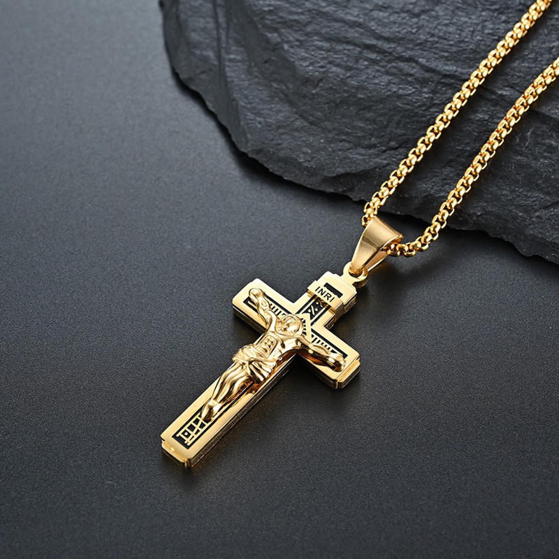 Kalung Rantai Liontin Salib Yesus Bahan Stainless Steel Warna Emas Untuk Pria