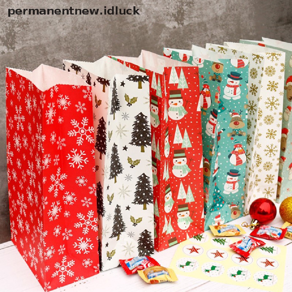 24pcs Tas Permen Bahan Kertas Kraft Motif Santa Snowman Dengan 24 Pcs Label