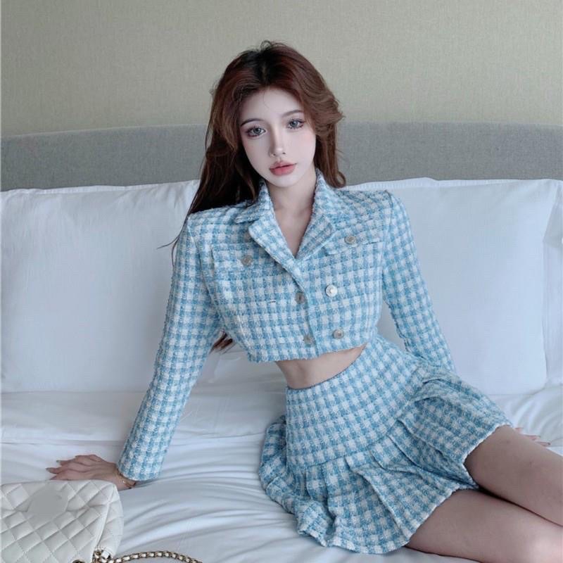 Revika one set casual tweed set mini skirt crop blazer