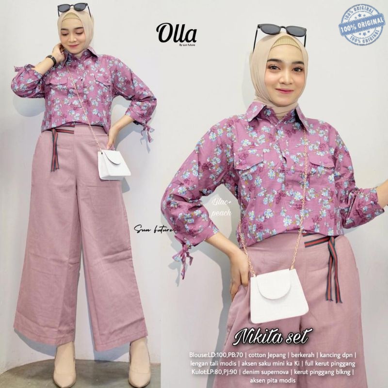 NIKITA SET BY OLLA / SETELAN BLOUSE DAN KULOT BERBAHAN KATUN JEPANG DAN DENIM SUPERNOVA / SETELAN BU