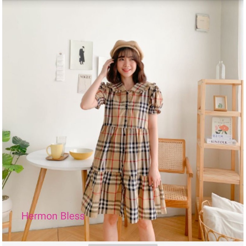 Dress Kotak Kotak Kekinian Terusan Wanita Lucu Berkerah Lengan Pendek