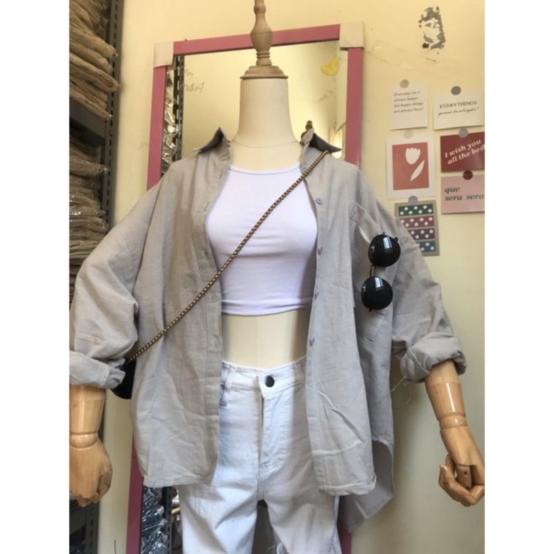 KEMEJA LENGAN PANJANG//LEA SHIRT KEMEJA OVERSIZED// Misty Long Shirt Kemeja Wanita-Ligh grey