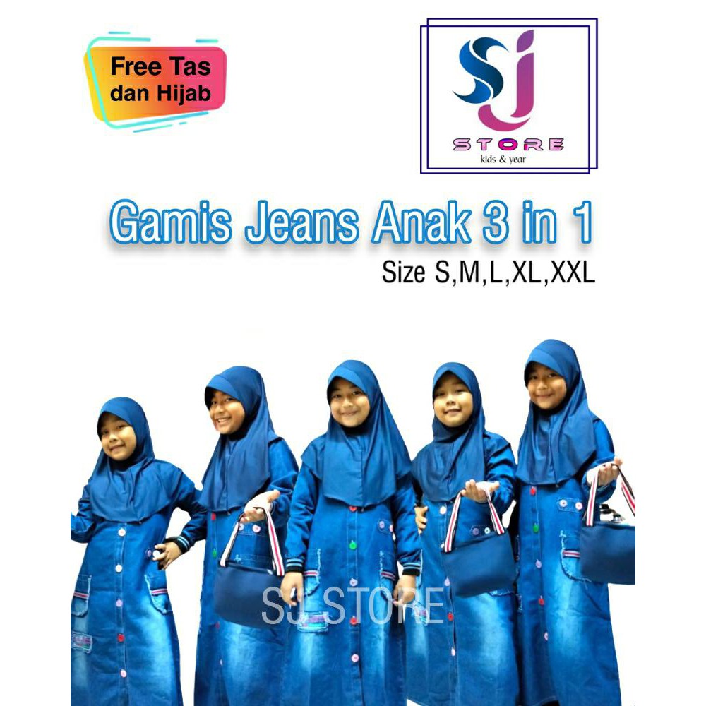 Baju Gamis Jeans Anak Perempuan / Pakaian Muslim Anak Perempuan 3in1 4 Sampai 11 Tahun