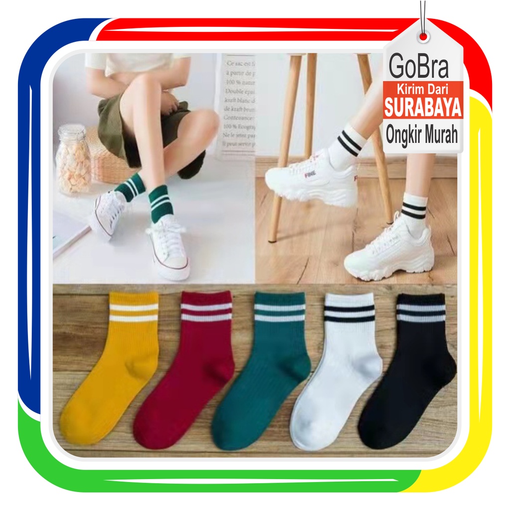 Gobra ♕ KK006 Kaos Kaki (Tanpa Kemasan) Wanita Panjang Diatas Mata Kaki Motif Garis Olahraga Fashion Korea Women Sock Import Murah