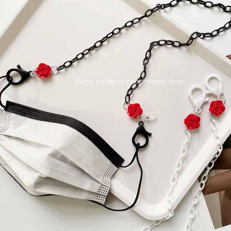 PROMO 4.4 RAMADHAN SALE Strap Masker Rantai Simple Hiasan Mawar Merah Import Premium / Kalung Masker 2in1 Rantai Kacamata