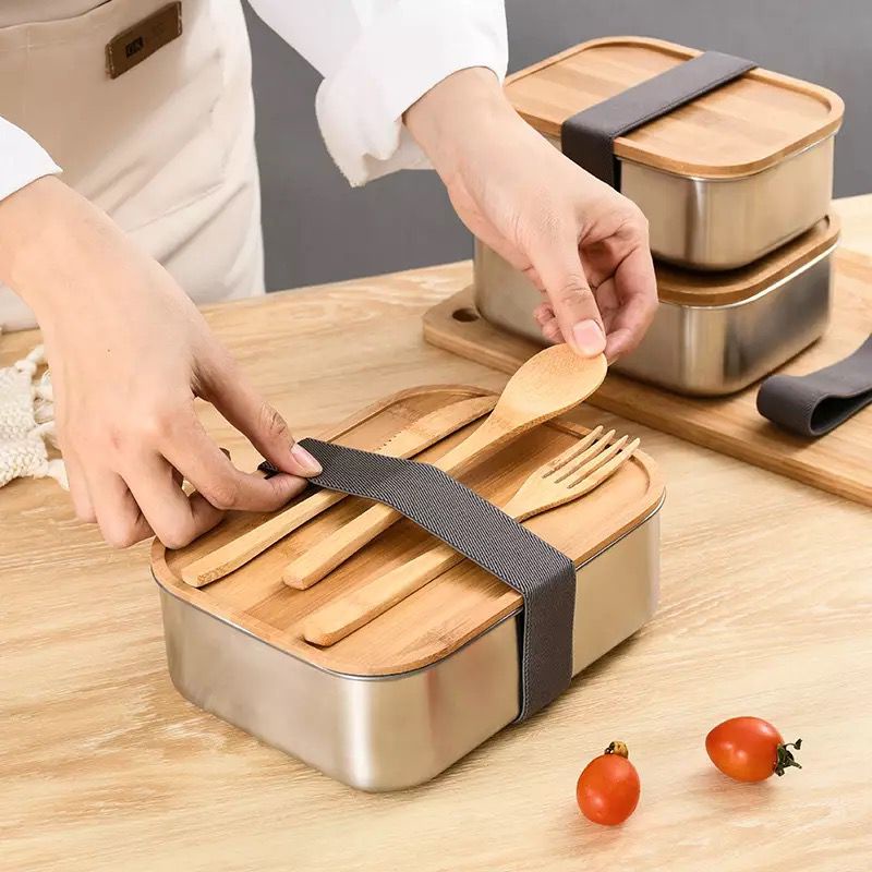 japanese style lunch box bento set stainless steel 304 wooden bamboo lid cover / kotak bekal tempat makan tutup bambu kayu premium quality