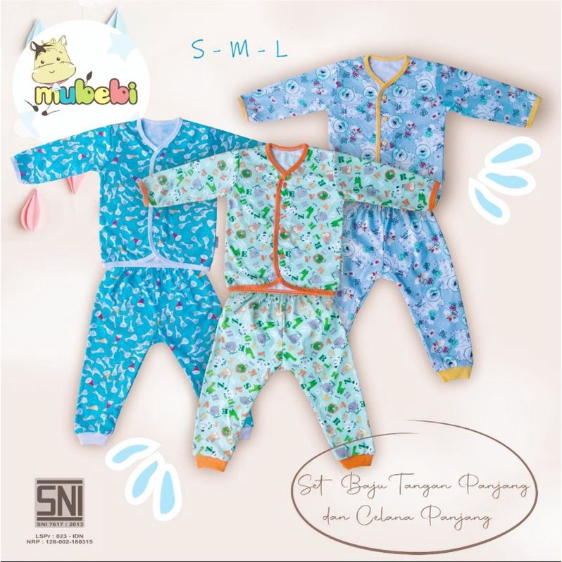 3 PCS SETELAN MUBEBI PANJANG KANCING DEPAN  SIZE M-L  (6-12m)  piyama naju tidur..