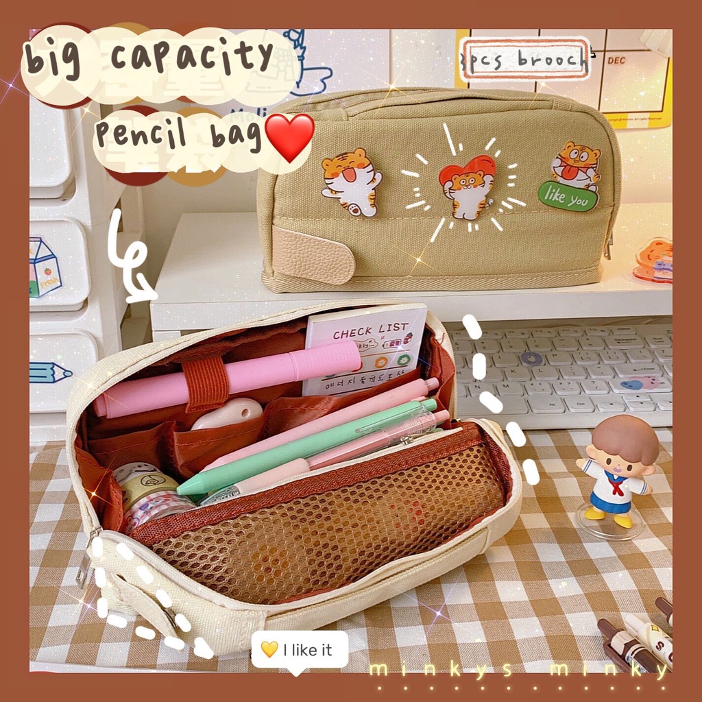 

MINKYS Kawaii Large Capacity Brooch Pencil Bag Cute Pencilcase Canvas Pencil Pouch Pens Storage Case