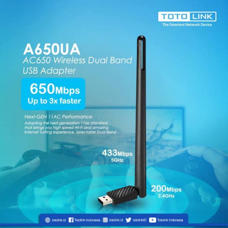 Totolink A650UA USB Wireless AC650 Mu-MiMo5dBi Dualband Totolink A650TOTOLINK A650UATOTOLINK AC650 Wireless Dual Band USB Adapter