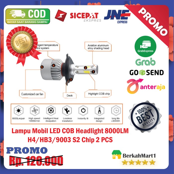 Lampu Mobil Headlight LED COB 72W 8000LM H4/HB3/9003 2 PCS HI LOW