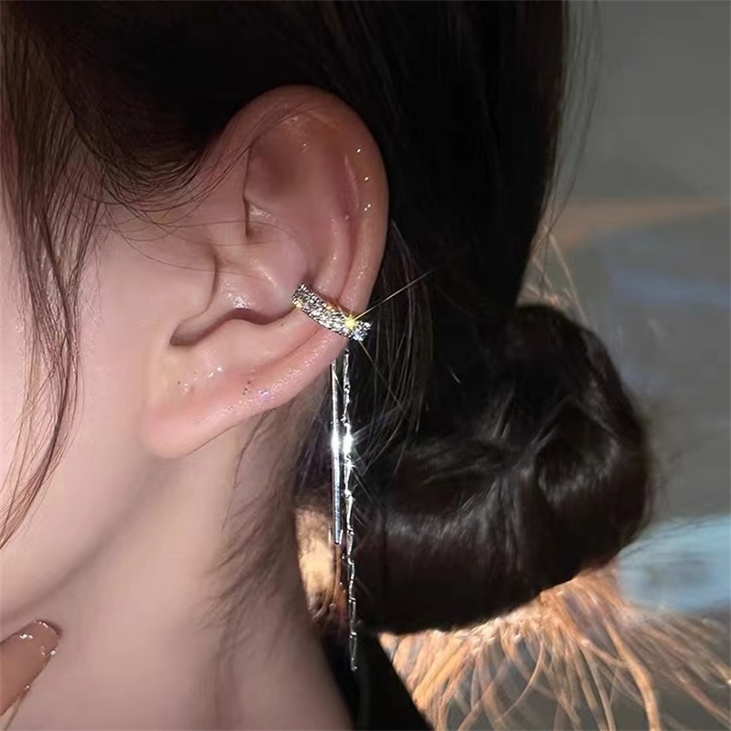 Anting Klip Tanpa Tindik Bentuk C Hias Zircon Rumbai Gaya Retro