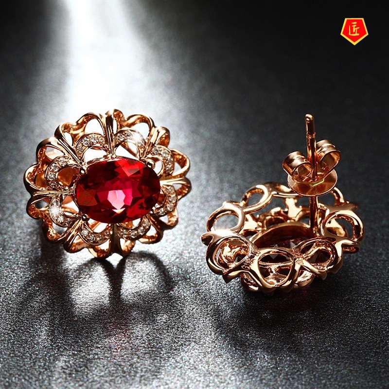 [Ready Stock]18K Rose Gold Inlaid Ruby Stud Earrings