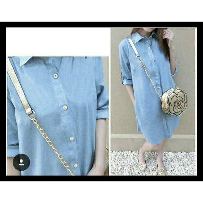 N8R8 Hem Long Denim Syanaz / Tunik Long Denim Syanaz / Kemeja Wanita Trendy - Biru Qurp