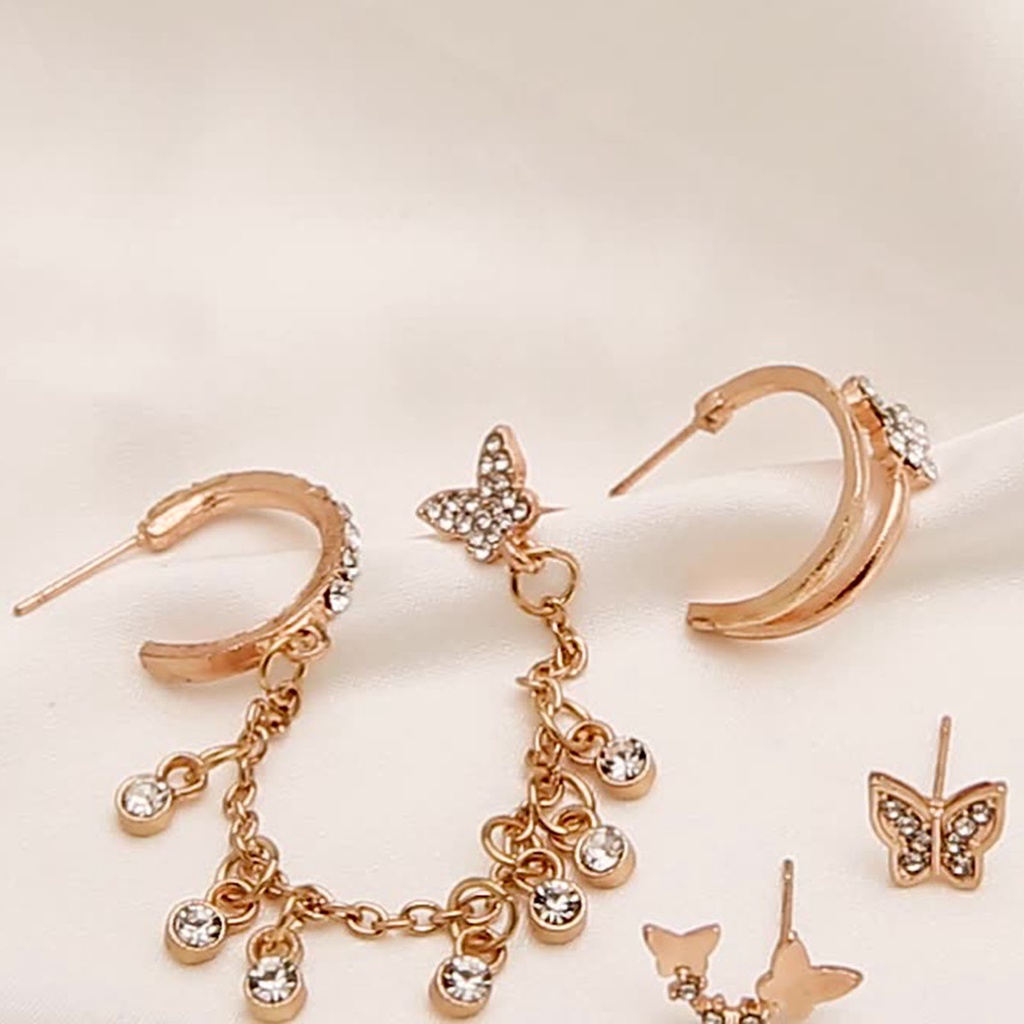 Hu Hu Hu Hu Hu Alat Bantu Pasang Kacamata♡ 4pcs / Set Anting Stud Rantai Bentuk Kupu-Kupu Bahan Alloy Untuk Wanita