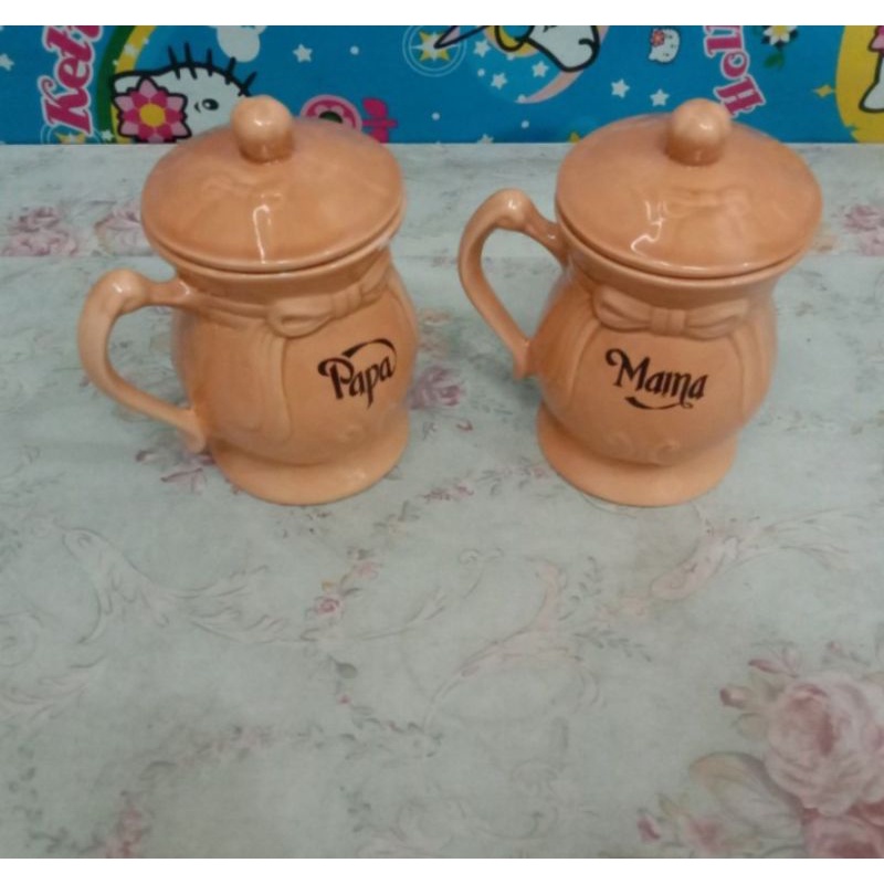 Mug papa mama keramik + tutup motif timbul isi 2 pcs
