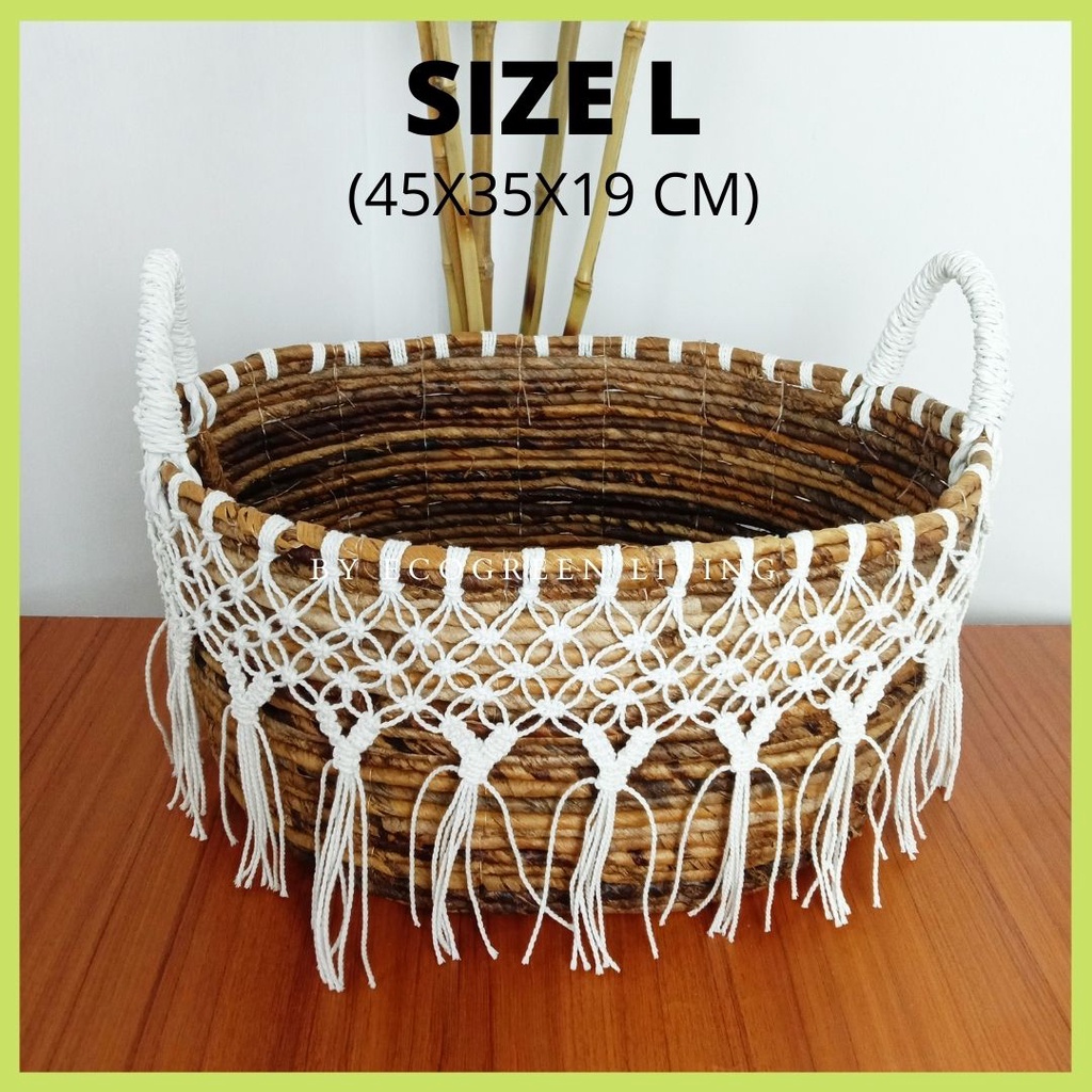 KERANJANG ANYAMAN PELEPAH PISANG OVAL RAJUT MACRAME