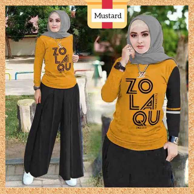 baju olahraga setelan hijab wanita zola jogging sepeda joging mustard