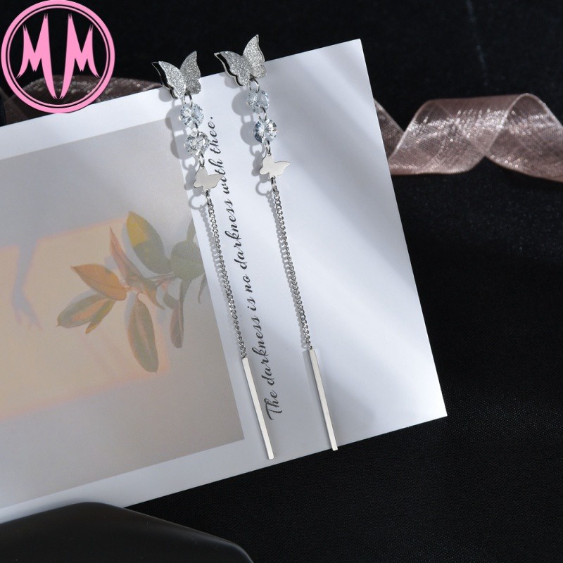 MORYMOSHI E162 Anting Wanita Titanium Stainless Kupu-Kupu Panjang Anti Karat Anti Luntur Fashion Korea-3