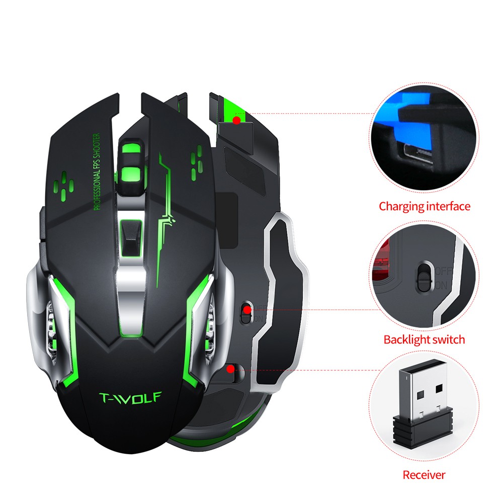 SKU-1059 MOUSE GAMING WIRELESS LED T-WOLF Q13 (RGB) SILENT MOUSE TWOLF